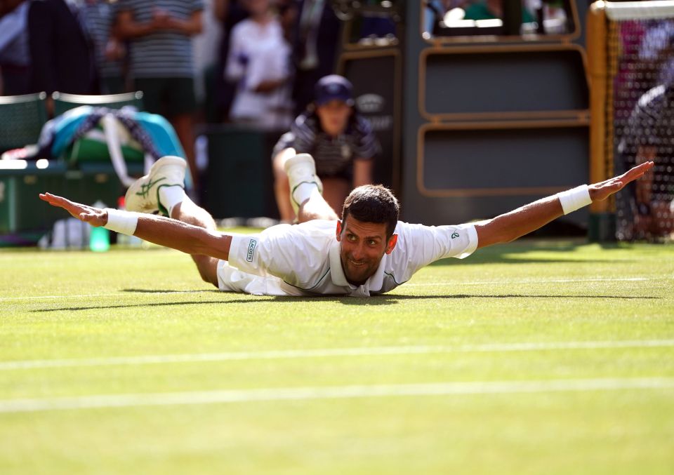 After winning Djokovic ate a blade of the grass, as he has done in previous years, then lay down on the court on his stomach and held out his arms and legs