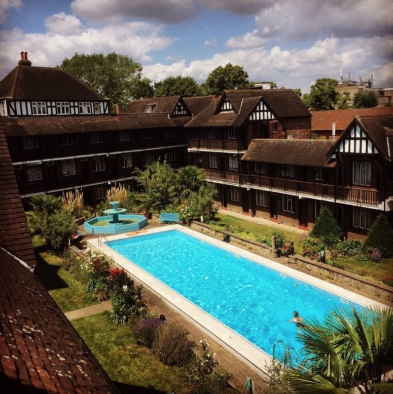 The Brixton studio flat features a 25m communal pool in the back garden