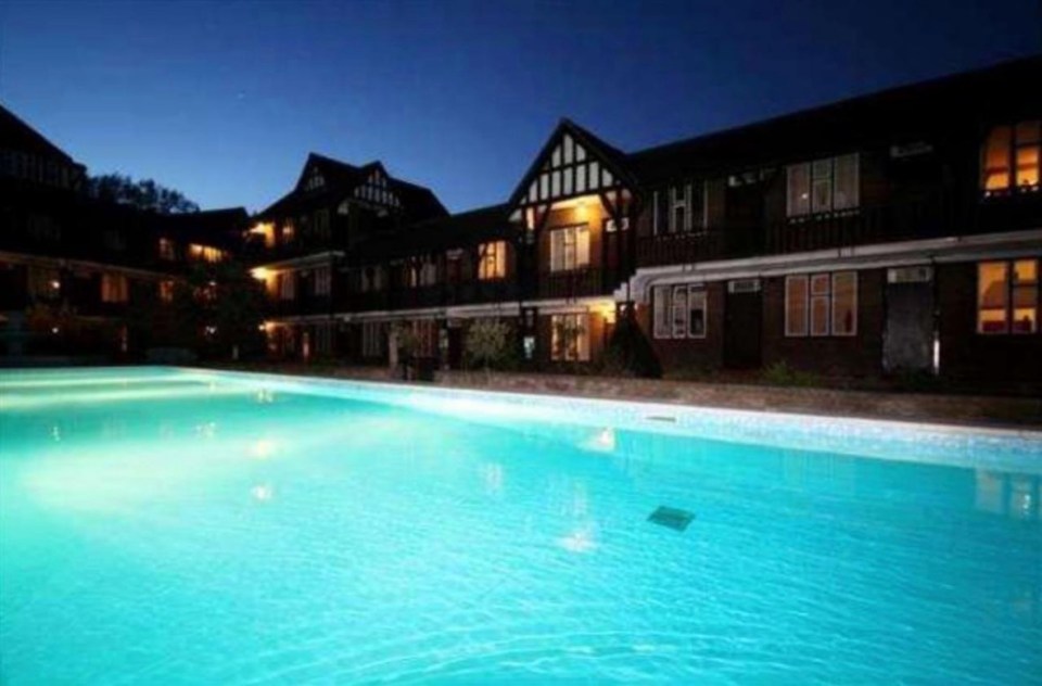 The pool joins onto a terrace, complete with an art-deco fountain