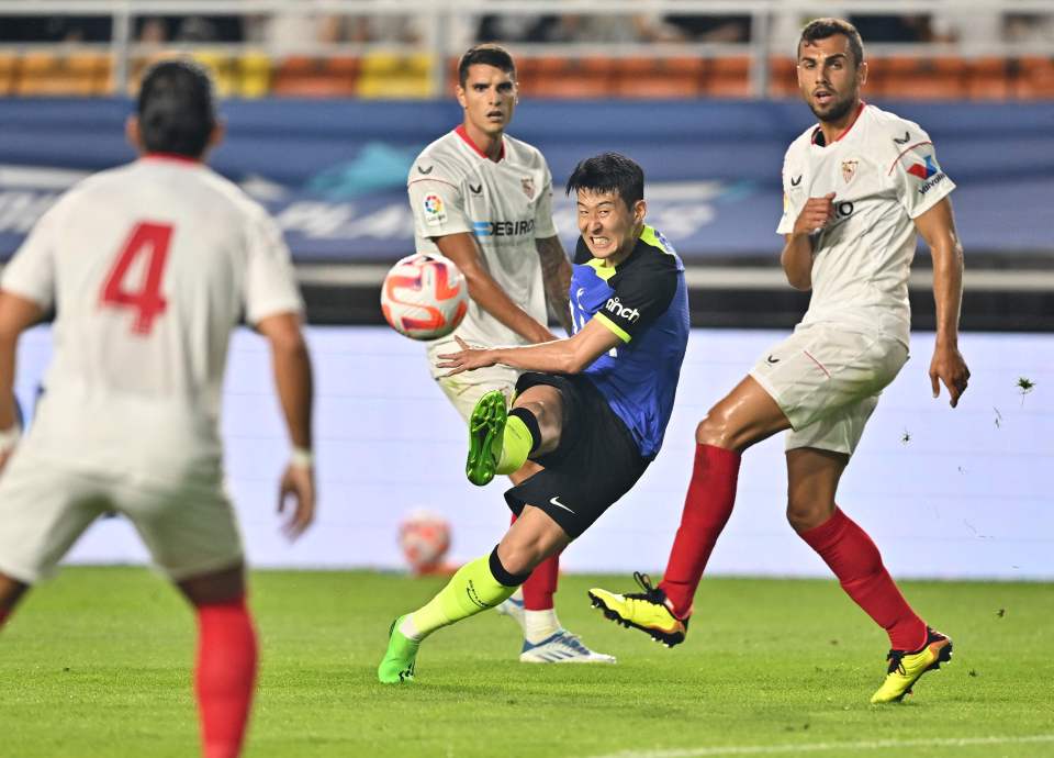 Son fires a shot at goal, which went narrowly wide.