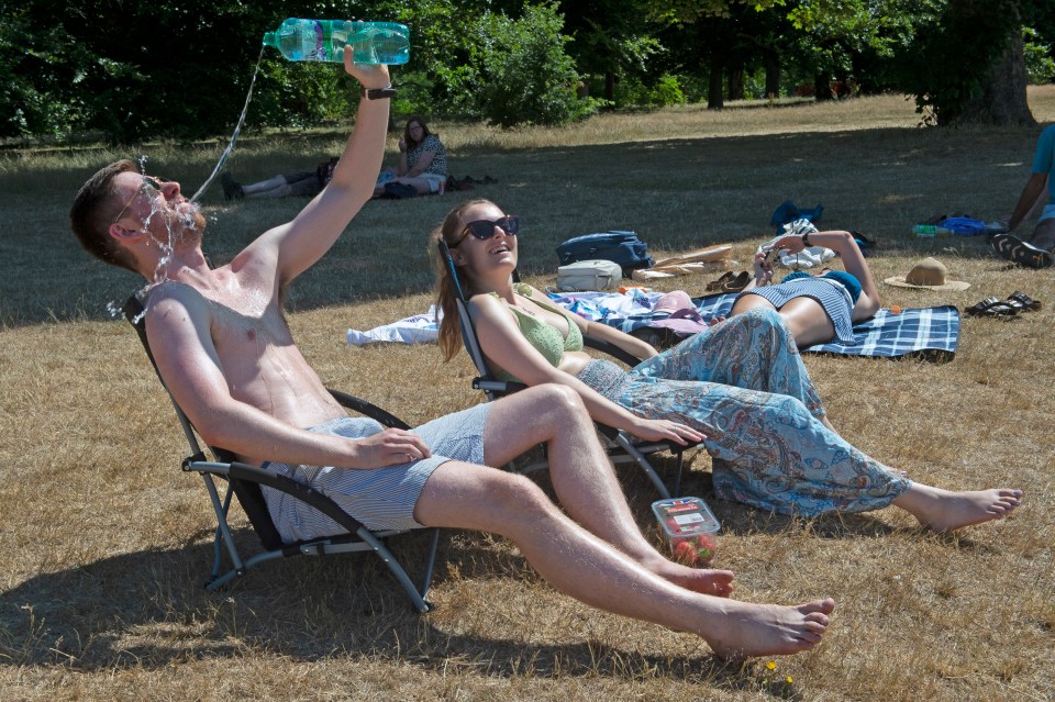 A young man keeping cool while sunbathing in Greenwich Park, London