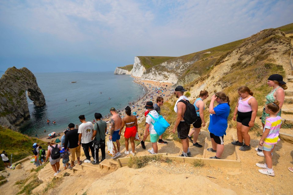 Sunbathers flocked to Durdle Door in Dorset