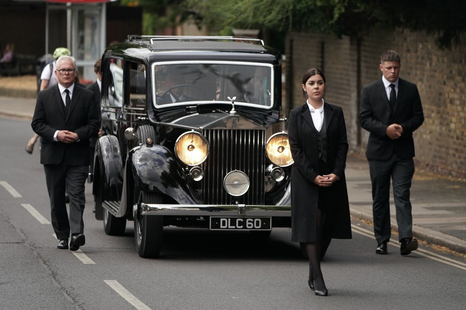 Dame Deborah’s funeral was held on Wednesday. Pictured: The hearse arriving for the funeral service at St Mary’s Church in Barnes, west London