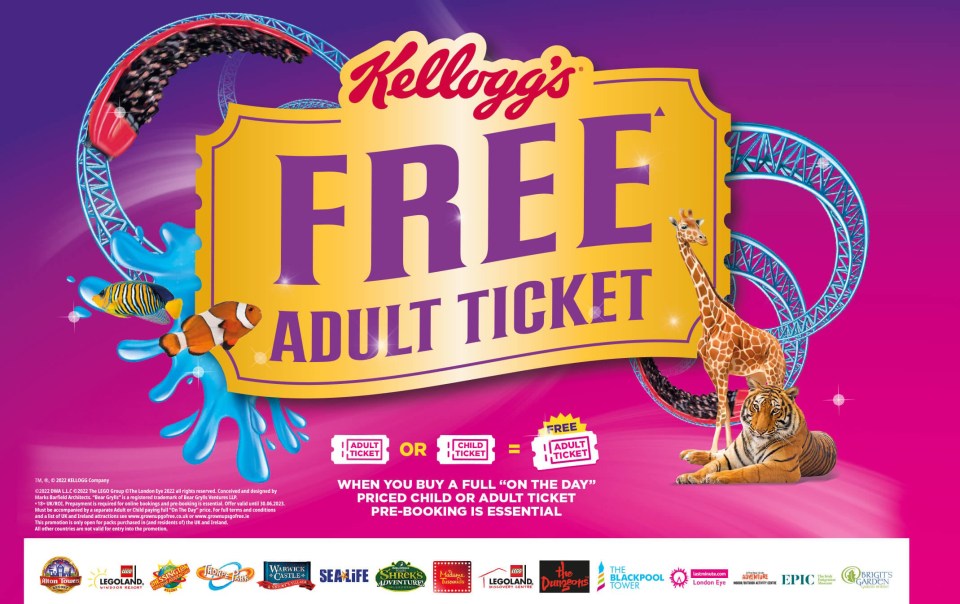 Kellogg’s Cereals is offering free adult tickets for 40 attractions