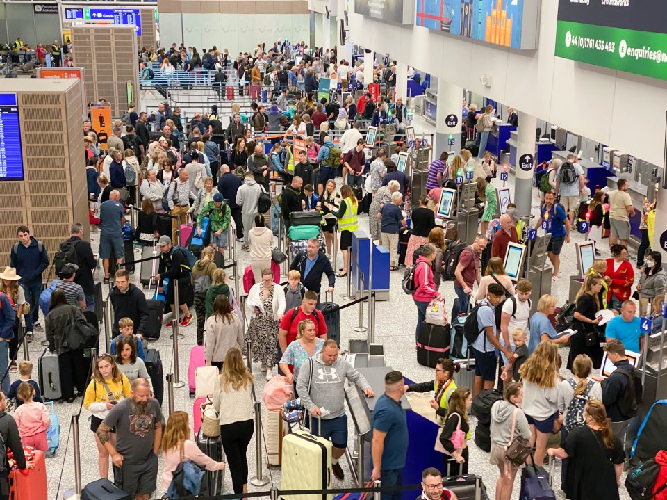 Airports continued to face mayhem the day after schools closed for summer hols - pictured Bristol airport at 4.30am