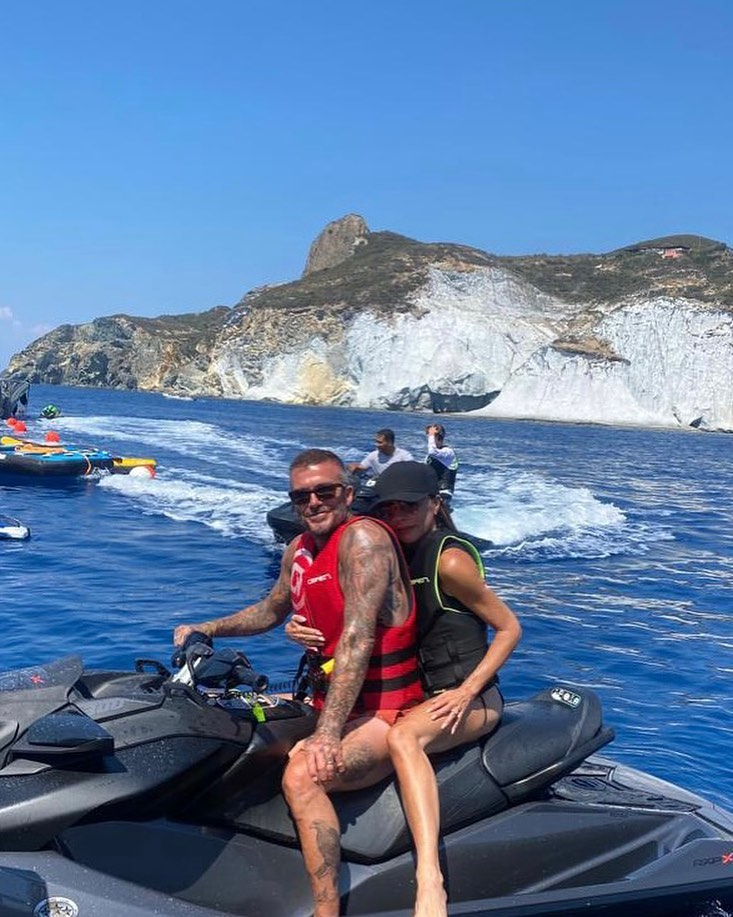 Victoria embraced her active streak with a jet ski ride with David