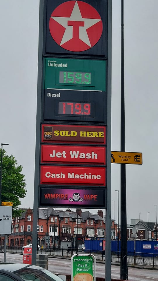 Prices at the UK’s cheapest petrol station. Credit: Texaco Walkden