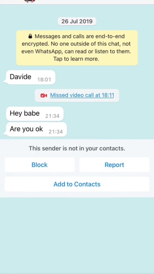 The TikToker shared a screenshot of texts from Davide back in 2019