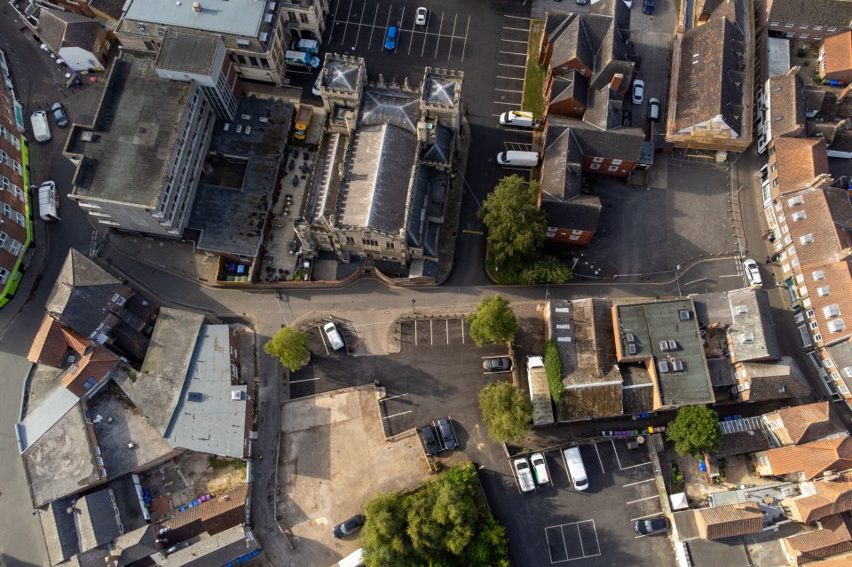 Aerial view of the police cordon (right) on Fountain Lane