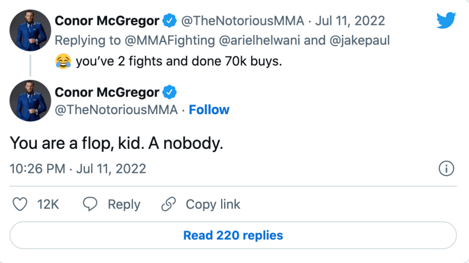 Conor McGregor quickly trolled Jake Paul after seeing the YouTuber's latest call-out