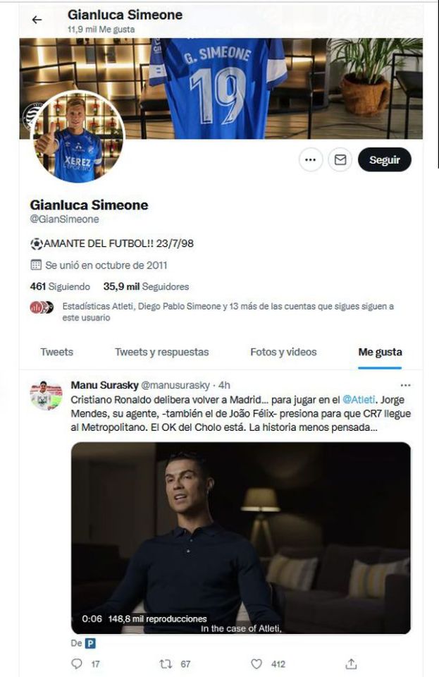 Gianluca Simeone 'liked' tweet about Cristiano Ronaldo