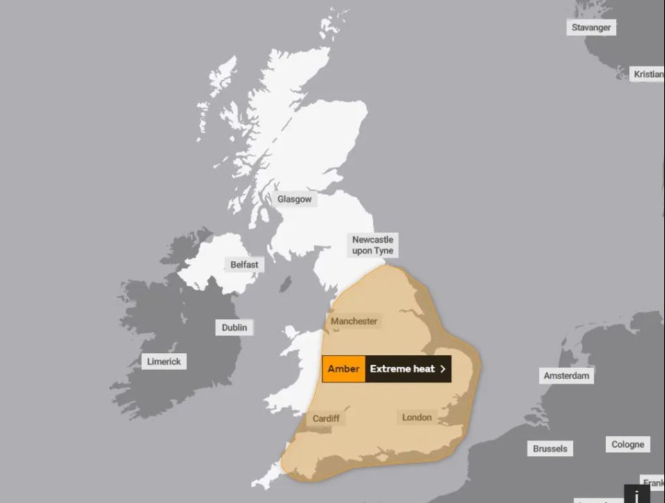 The Met Office has issued an amber weather warning for extreme heat on Sunday