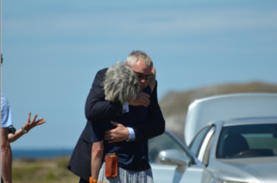 Martin hugging a member of crew on the last day of filming