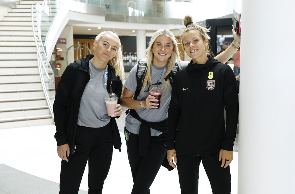 Chloe Kelly, Alessia Russo and Rachel Daly of England ahead of the Euros