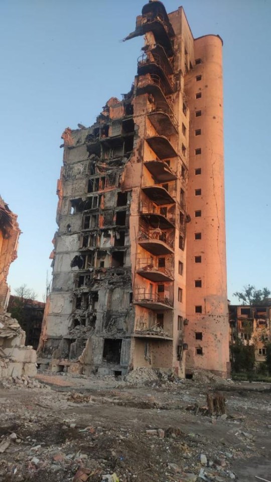 A bombed-out tower block in Mariupol