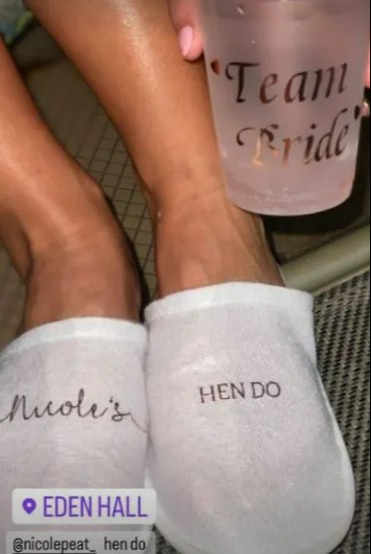 Paris has personalised slipper which read "Nicole's hen do"