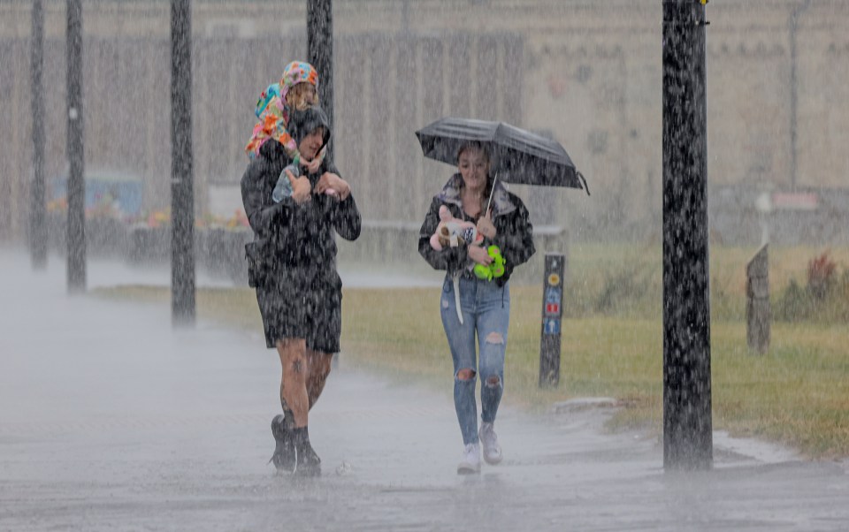 Heavy rain descends on Tynemouth seafront