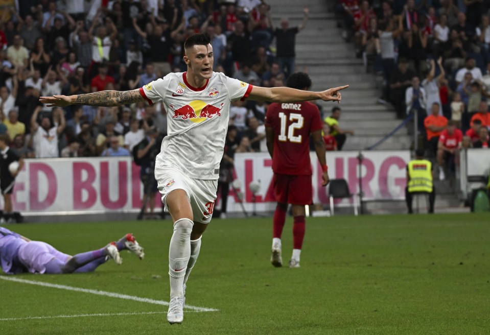 Red Bull Salzburg wonderkid - and Man Utd target - Benjamin Sesko celebrates scoring against Liverpool