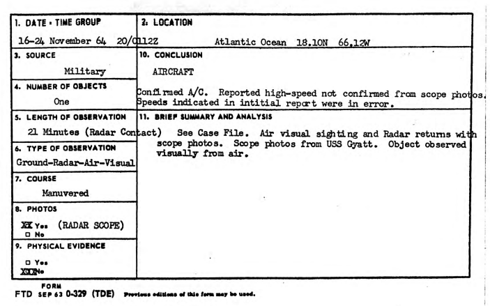 The form at the top of the docket containing the files about the unexplained encounter at sea