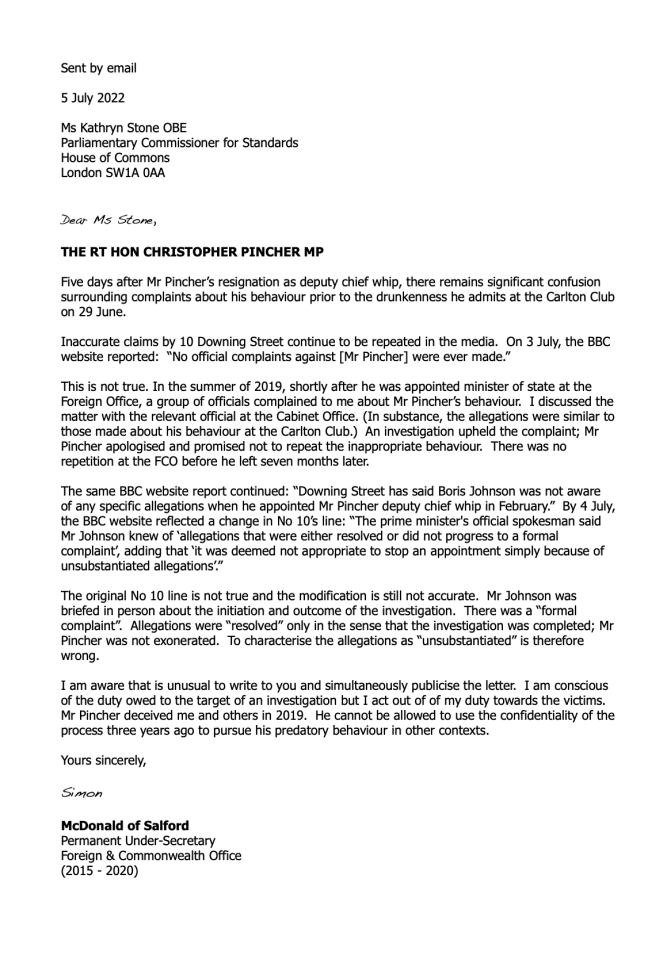 Bombshell letter written by Lord McDonald, accusing Downing Street of lying about not having knowledge of a serious complaint against Pincher