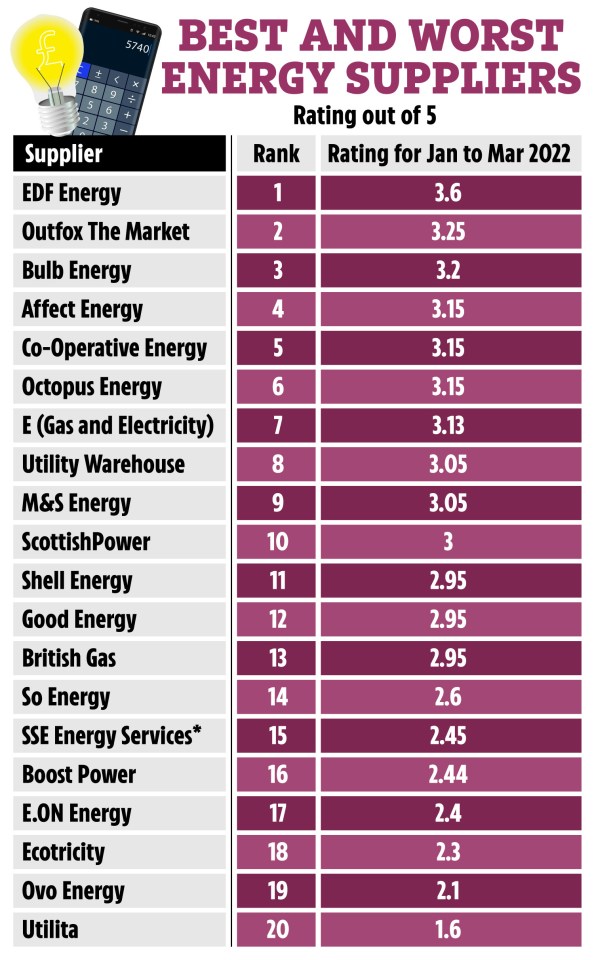 The best and worst energy suppliers ranked. *The SSE Energy Services brand is owned and operated by Ovo Energy