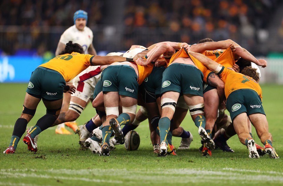 The Wallabies scrum wins the ball as they push the England pack off the ball