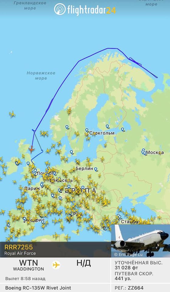 A flight tracker shows the alleged route of the RAF plane that travelled from Lincolnshire