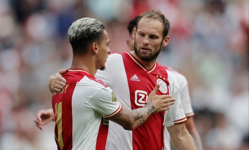 Antony celebrates a goal with former United star Daley Blind