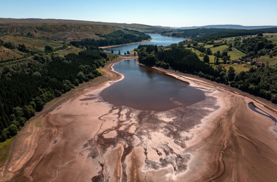 Low water levels pictured at Pontsticill Reservoir near Merthyr Tydfil, Wales