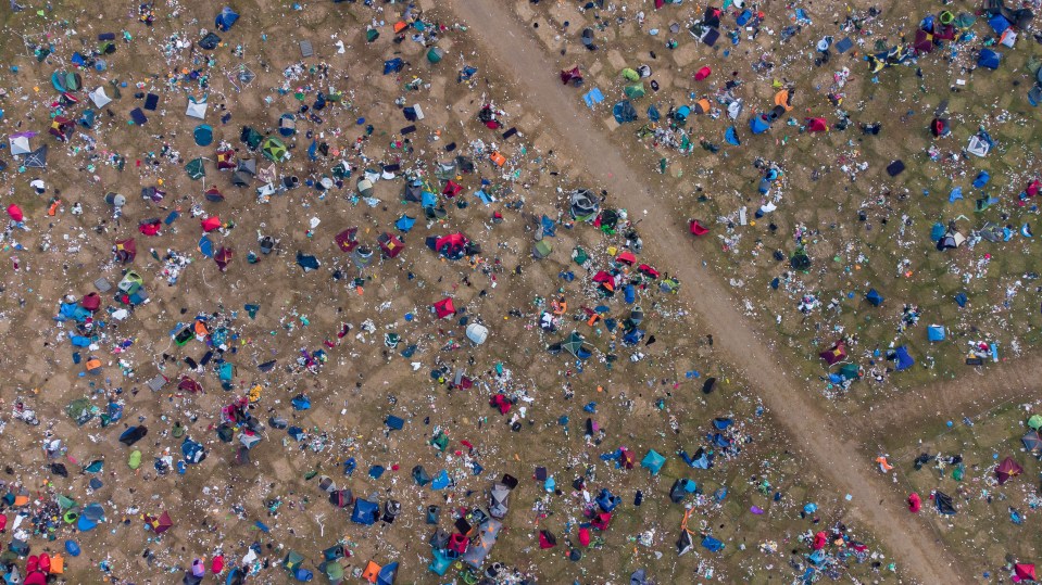 Drone footage showed thousands of abandoned tents and mountains of rubbish