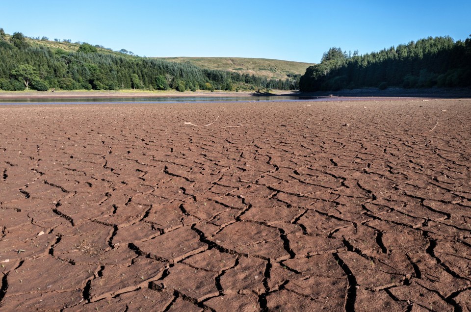 Dried and cracked mud is exposed at Pontsticill Reservoir near Merthyr Tydfil, Wales