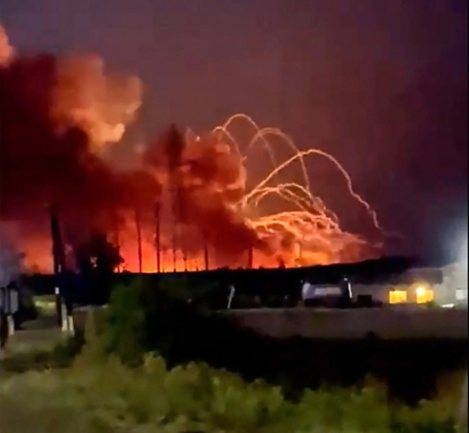 Footage shows huge flames that could be seen for miles coming from the Russian military base