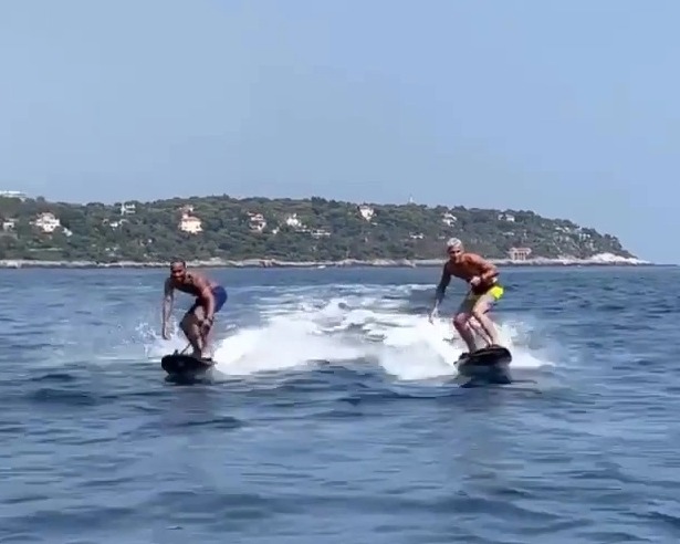 Lewis Hamilton had loads of fun on his jet-surfboard