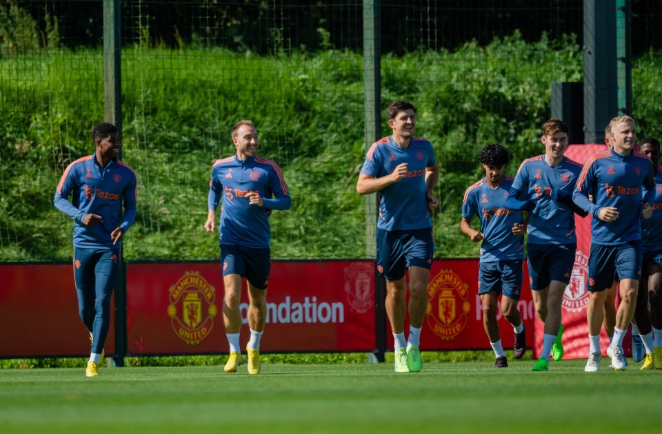 Manchester United stars Marcus Rashford, Christian Eriksen and Harry Maguire were in a good mood during training