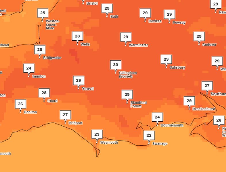 Gillingham in Dorset is set to reach 30C on Wednesday