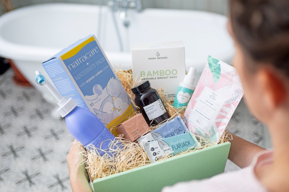 The box is filled with practical items that new mums need after giving birth