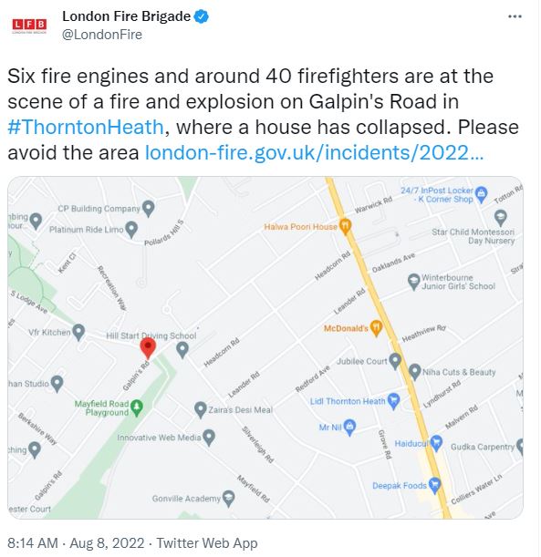 The London Fire Brigade said a terraced house had collapsed on Galpin's Road following the explosion