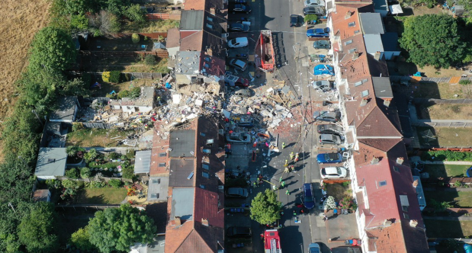 Drone footage shows the extent of the carnage at the site of the house explosion on Galpin's Road, Thornton Heath