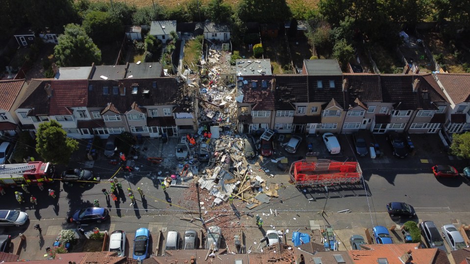 Chilling drone pictures show a crater where the house once stood on Galpin's Road, Thornton Heath