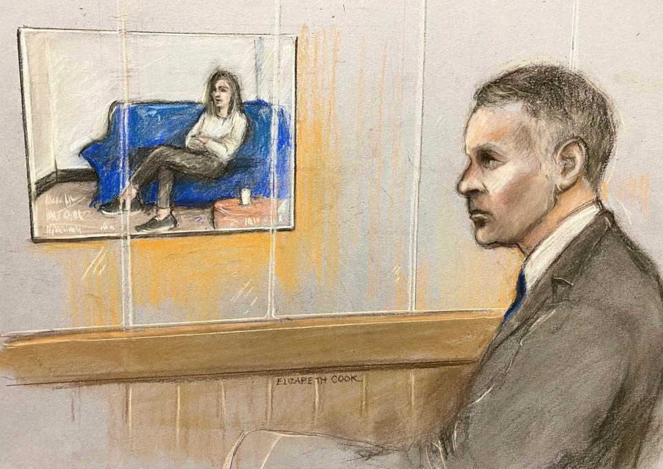 A court artist sketch of Giggs watching his former partner give evidence