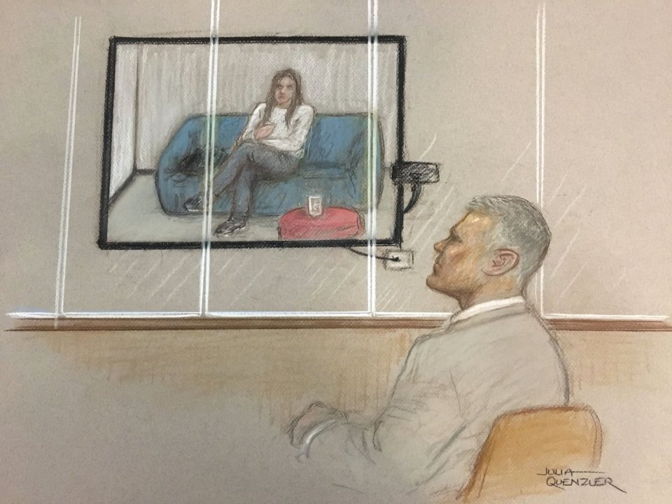 An artist’s impression of Giggs watching the police interview of his ex in court