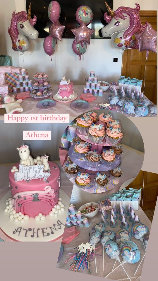 The dining table was adorned with cakes and unicorn-themed decorations