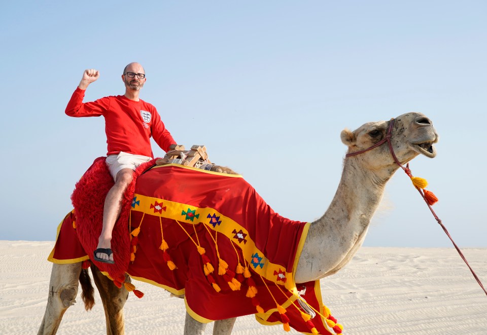 As he visits tourist attractions in the Qatar desert, England fans can experience camel rides and holding a falcon