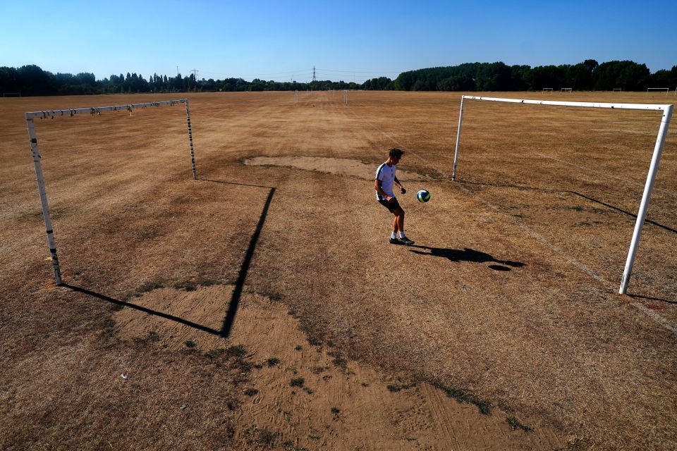 A dry football pitch at Hackney Marshes, east London