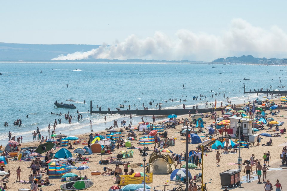 Billows of smoke from a grassland fire on the Purbeck in Dorset can be seen from Bournemouth Beach