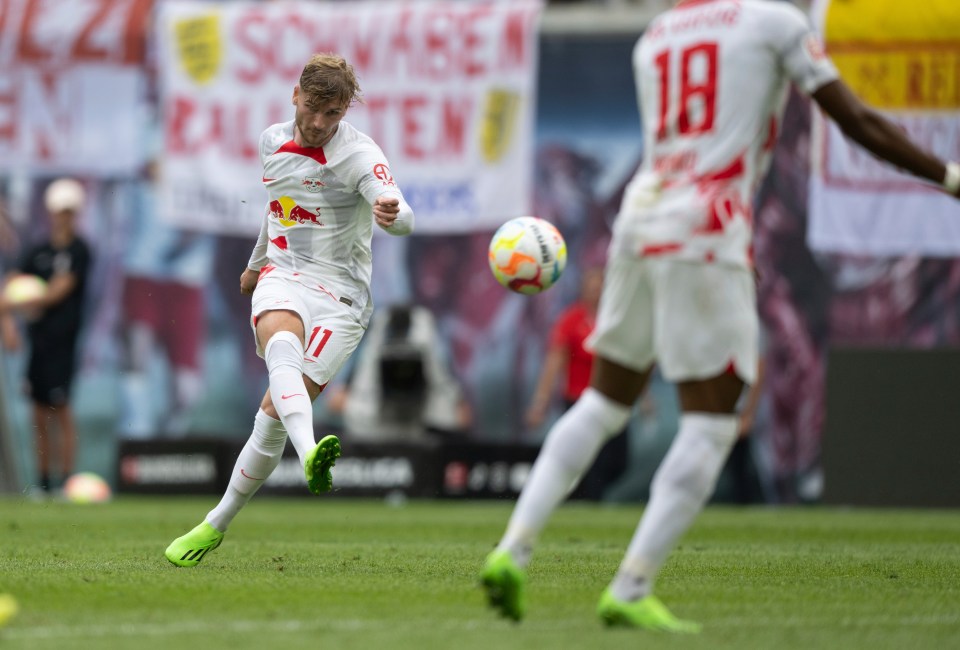 Timo Werner swerves in a low long-ranger that somehow sneaked in under the body of Cologne keeper Marvin Schwabe