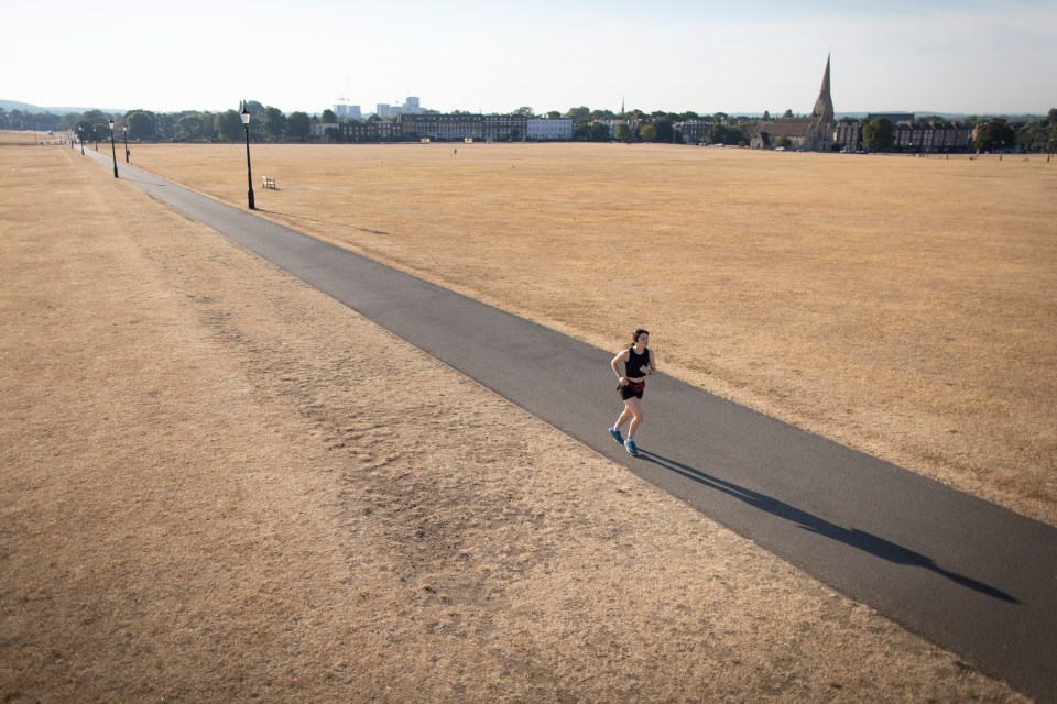 A jogger running through an arid Blackheath Common in south east London