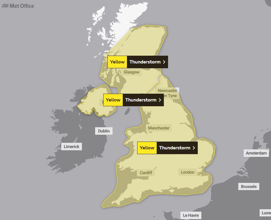 Yellow thunderstorm warnings are in place for the next three days