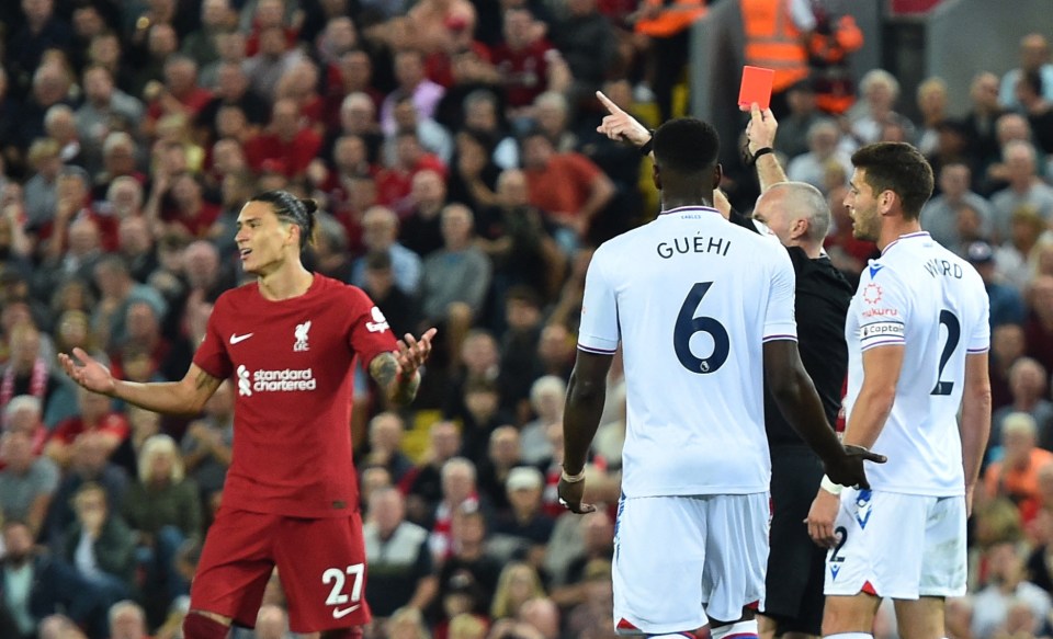 Darwin Nunez was shown a red card on his home Liverpool debut