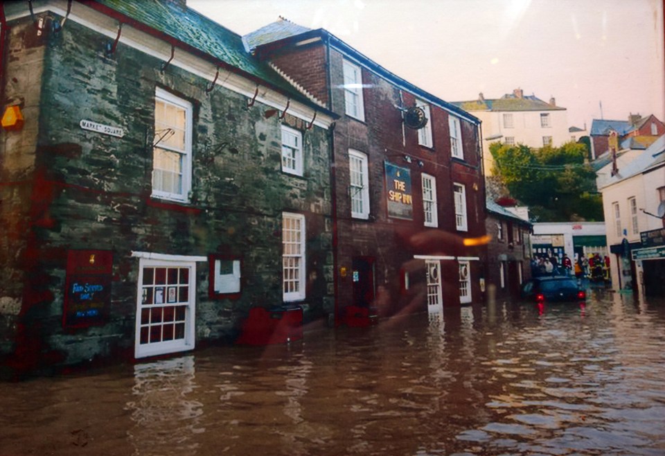 The pub in Mevagissey, Cornwall during times of severe flooding